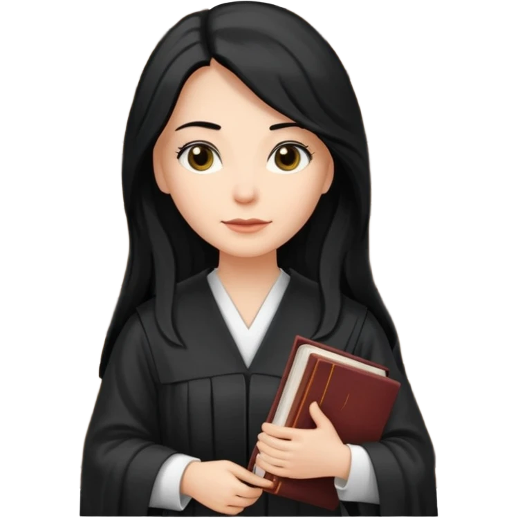 white-women-with-long-black -hair-lawyer-in-lawyer’s-robe. Have law book in hand with bookshelf full of law books in the background emoji
