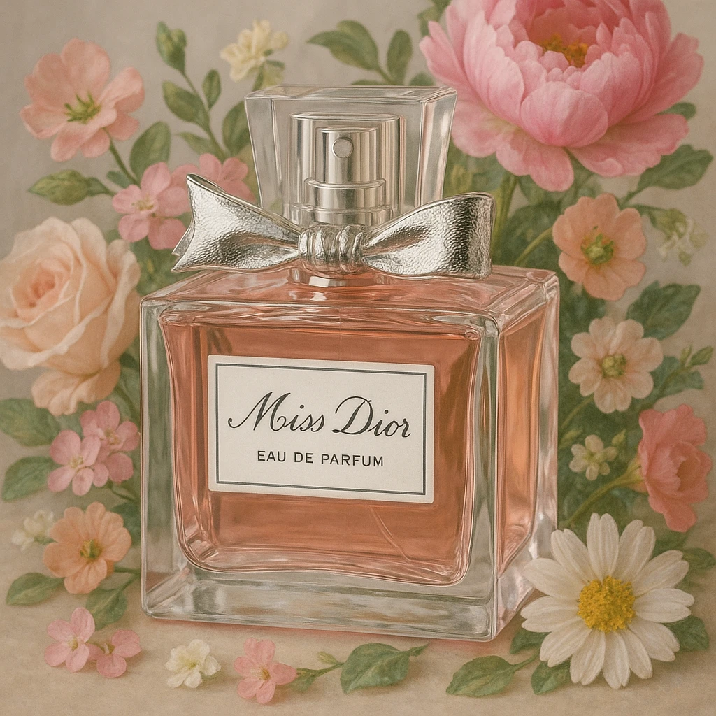 Miss Dior perfume bottle, with floral accents, chic, realistic style emoji