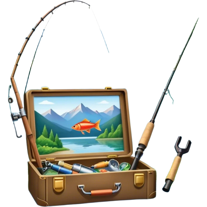 Icon for Fishing Travel: a fishing rod, tackle box and a boat on a calm lake surrounded by mountains and lush greenery, with fish jumping out of the water. The icon should capture the peaceful and adventurous nature of fishing trips. Transparent background. emoji