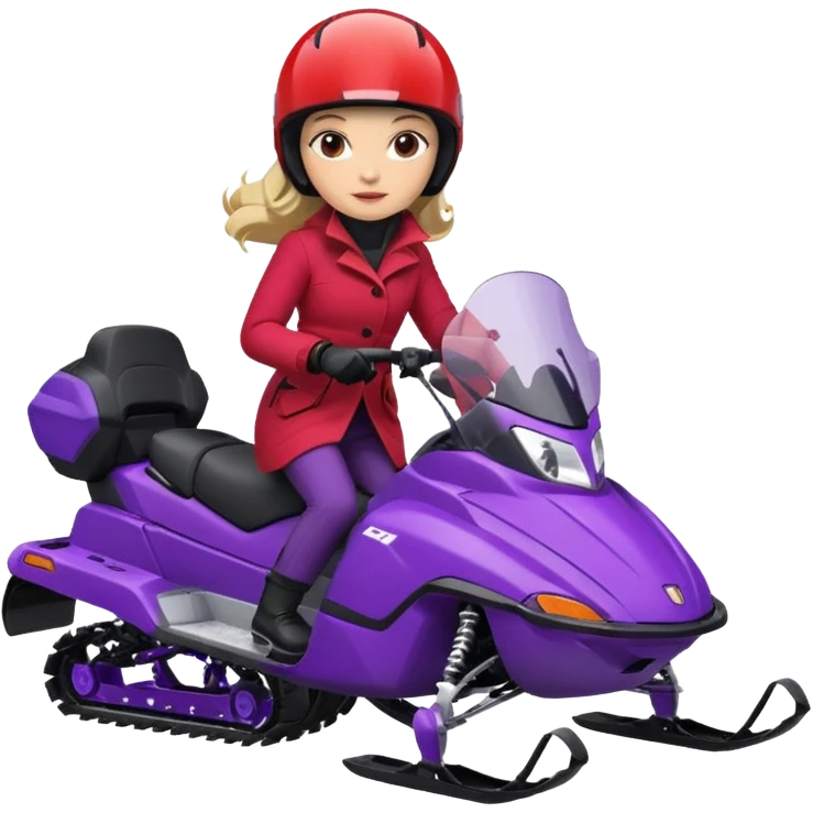 Woman wearing red coat  on purple snowmobile emoji