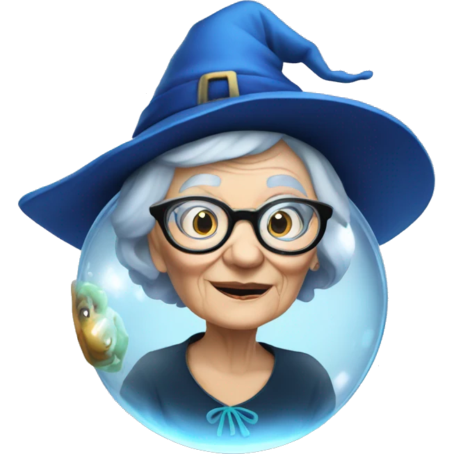 smart granny witch with glasses and blue hat in crystal ball emoji
