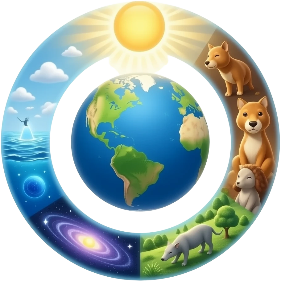 Conceptual 3D design of world creation. A glowing Earth surrounded by 6 rings showing stages of creation: light, ocean, nature, cosmos, animals. A warm divine light shining down symbolizing the 7th day of rest. Photorealistic, 8k, cinematic. emoji