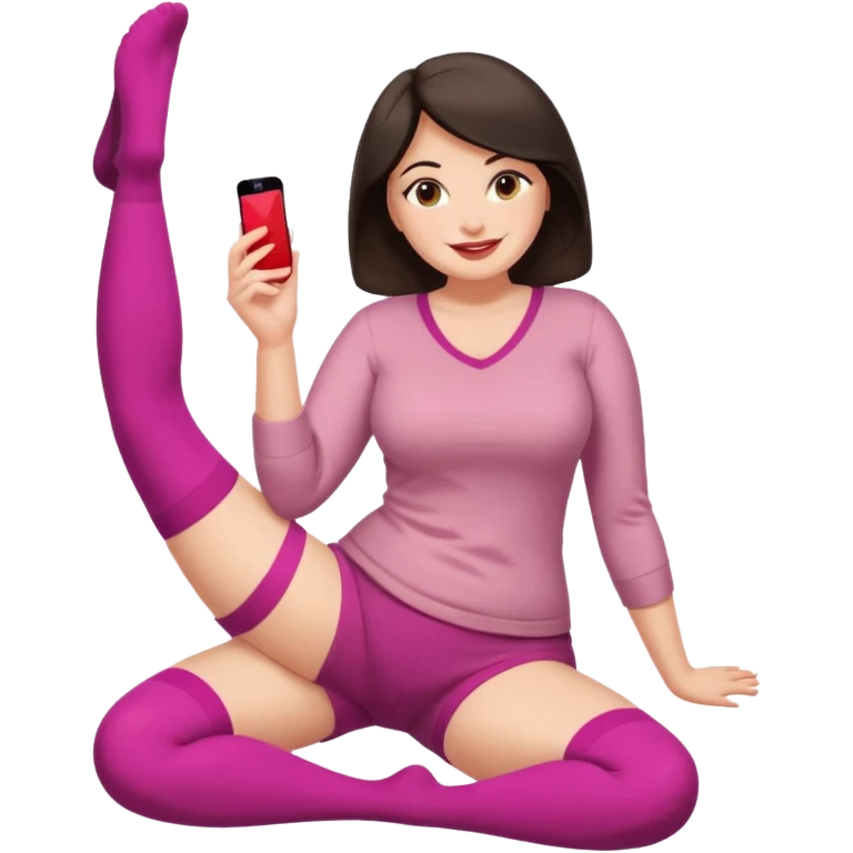 Cute curvy woman dark hair brown eyes big ass big chest skin coloured clothes socks legs up sole facing camera blushing face lip stick smile nervous close up of fewt emoji