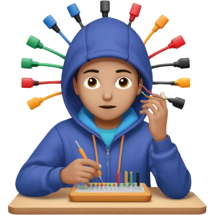 An emoji of an engineer working on a complex breadboard with many colorful wires and components. A Wi-Fi signal icon pulses above their head. They wear a hoodie and have a focused expression. Simple, cute, icon style. emoji