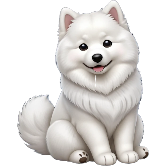 cinematic-[samoyed]-realistic-full-body-sitting-emoji,-tail-resting-loosely-beside-its-paws,-head-tilted-dramatically, -fluffy-[white]-fur,-simplified-yet-realistic-focused-features,-highly-detailed,-glowing-with-an-almost-sarcastic-glow emoji