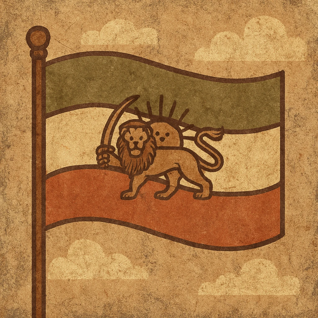 Add a grunge texture overlay to the Pahlavi flag of Iran, preserving the vintage look and ensuring the lion and sun emblem remain clearly visible. Maintain the flag's original colors and aged appearance with a subtle distressed effect. emoji