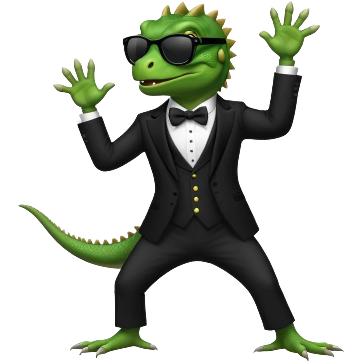 capitalist iguana in tuxedo with black sunglasses dancing emoji