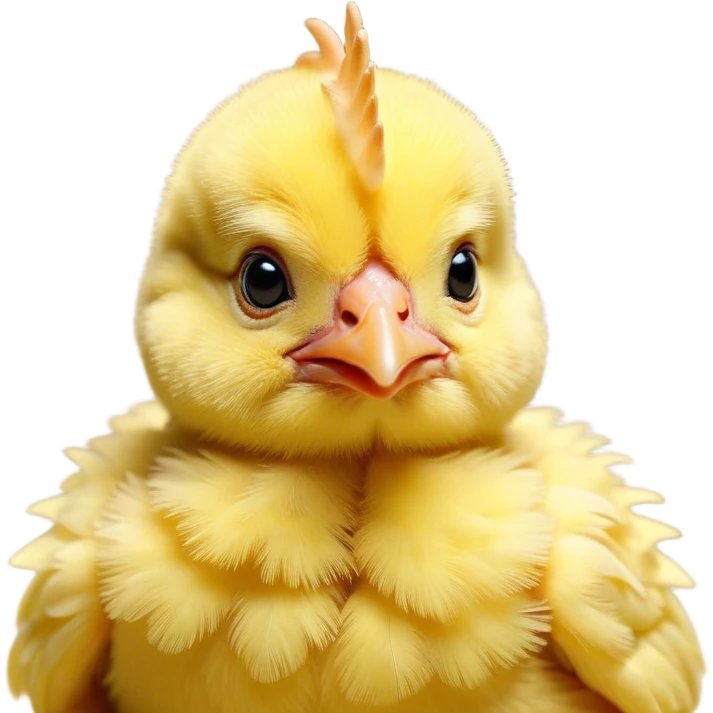 Cinematic Noble Yellow Baby Chicken Portrait Emoji, Poised and regal, with a tiny, fluffy build and a vibrant, well-groomed bright yellow downy coat, deep-set soulful beady eyes, Simplified yet sharp and sophisticated features, highly detailed, glowing with a soft, dignified glow, high shine, intelligent and charming, stylized with an air of youthful elegance, focused and attentive, soft glowing outline, capturing the essence of a watchful and confident little chick, so majestic it feels as though it could peep out of the screen with effortless authority! emoji