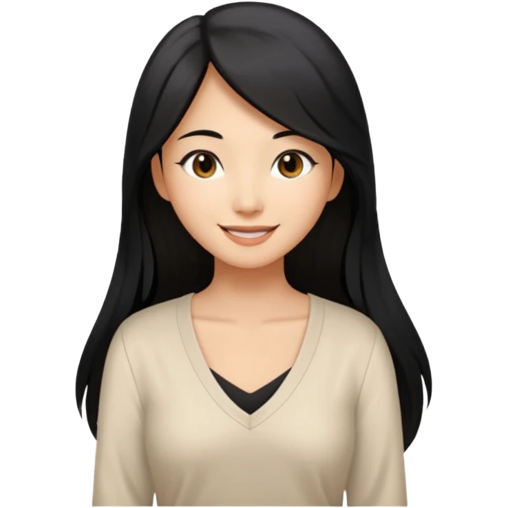 medium tan asian woman with long black hair past middle of back, round brwn eyes, white v neck blouse smiling. emoji