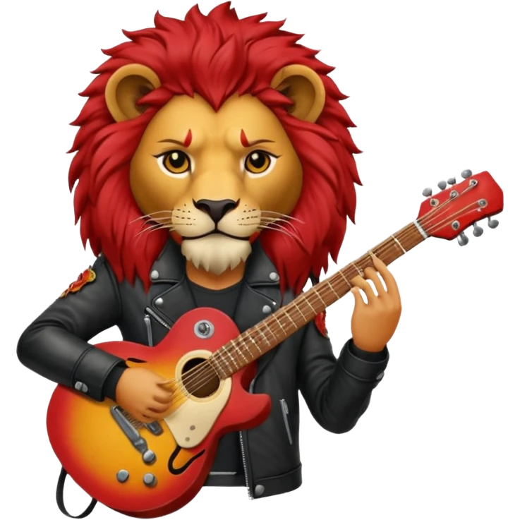 guitar rock player, lion head, red emoji