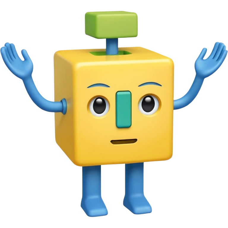 A yellow cube Head and rectangular arms BLUE cube troco Green rectangular legs emoji