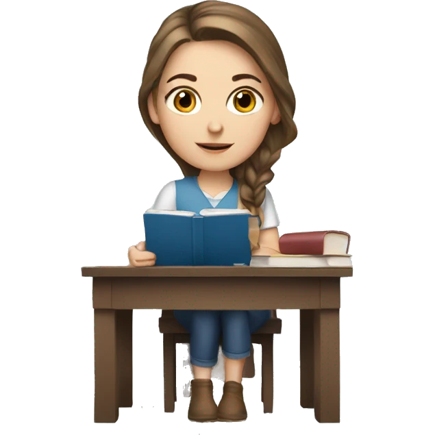white girl studying at a desk, brown hair, blue eyes emoji