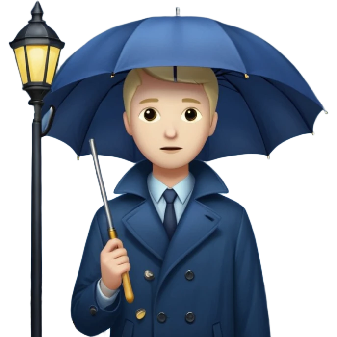 Man with umbrella + streetlight reflection, Midnight Wanderer. emoji