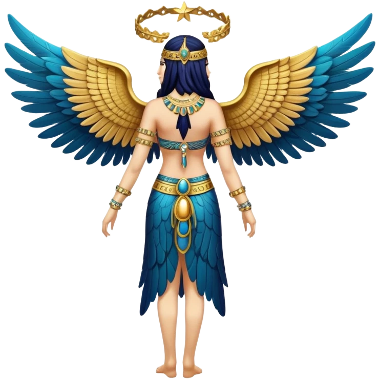 fullbody back view of Anunnaki goddess Inanna with large ornate feathered wings, bare back, Mesopotamian star symbols, and gold bracelet cuffs on wrists and ankles emoji