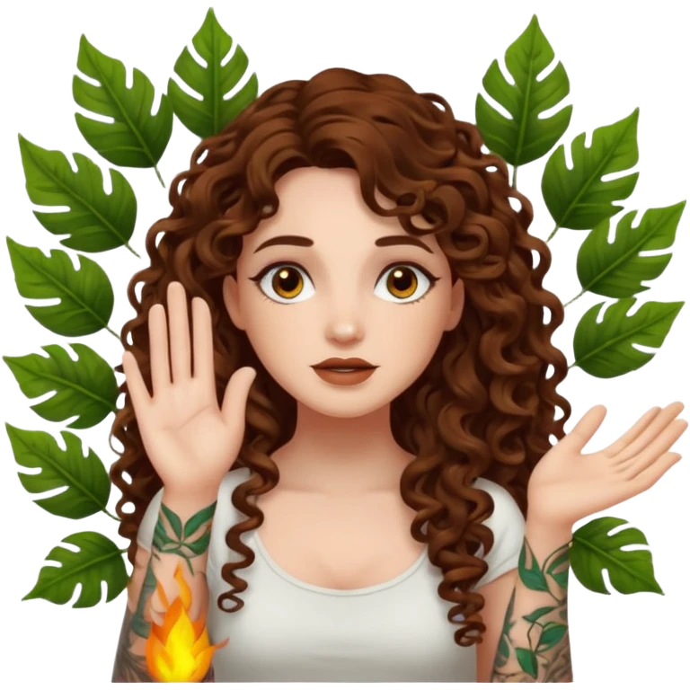 woman with long curly brown hair, brown eyes, white skin, tattoos, sarcastic slow clap made of glowing leaves emoji