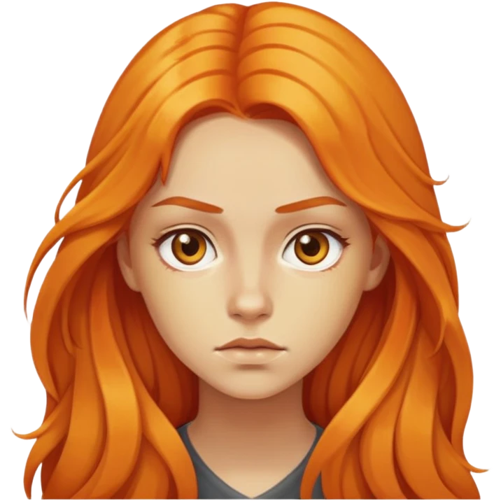 Nữ 20 tuổi, da vàng, tóc dài nhuộm màu cam hơi xoăn nhẹ, mặt nghiêm túc emoji