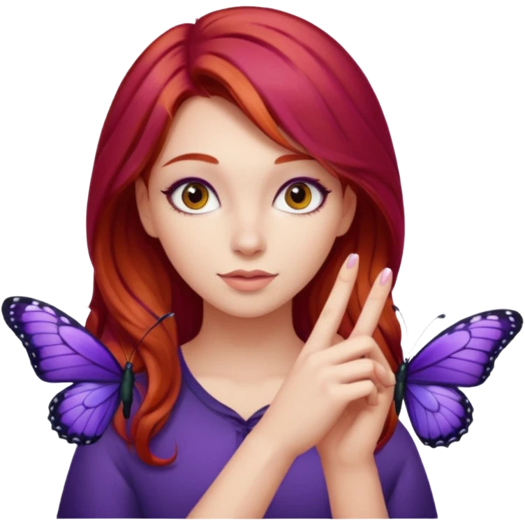 Purple butterfly resting on red haired girl finger emoji