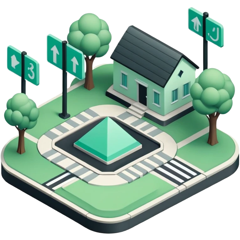 Domanilité Publique (Public Domain), 3D techy icon with black and mint green (#B5F4D3) color scheme, public land with property markers emoji