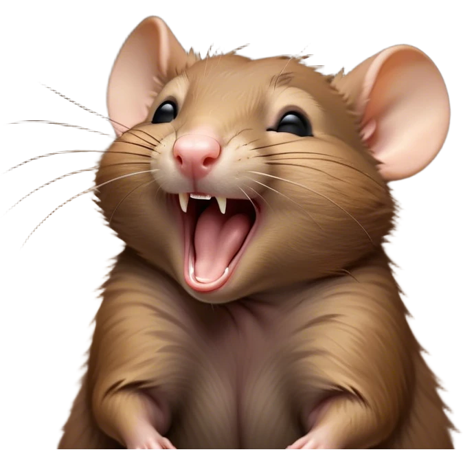 Cinematic Cute Yawning Brown Rat Portrait Emoji, Head tilted slightly with a dramatic, wide-open yawn, showcasing a soft, sleek brown coat with tiny drooping ears and half-closed eyes in drowsy contentment, Simplified yet irresistibly adorable features, highly detailed, glowing with a soft, cozy glow, high shine, relaxed yet expressive, stylized with a dash of urban charm, soft glowing outline, capturing the essence of a sleepy yet affectionate rat that seems ready to stretch out for a nap! emoji