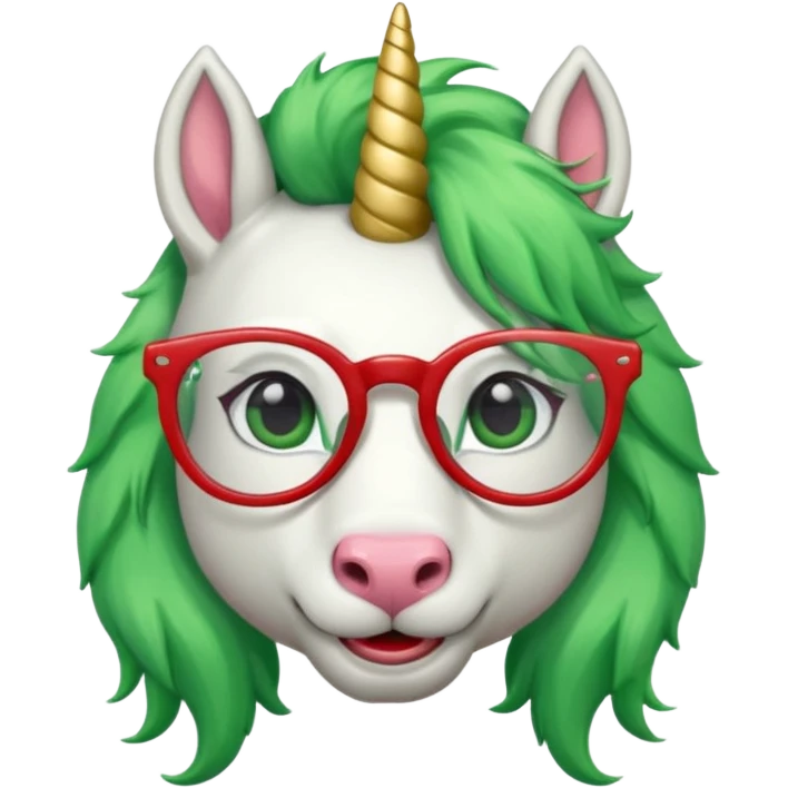 white furred unicorn with green hair and big red earrings looking into camera and spectacle and biiiggg earrings emoji