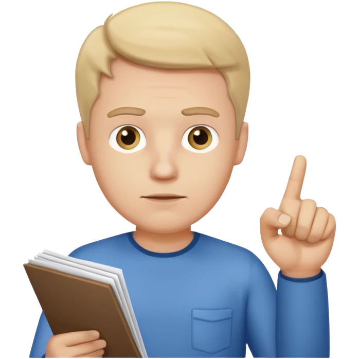 A white man stands with a serious face and points at his hand holding papers. emoji