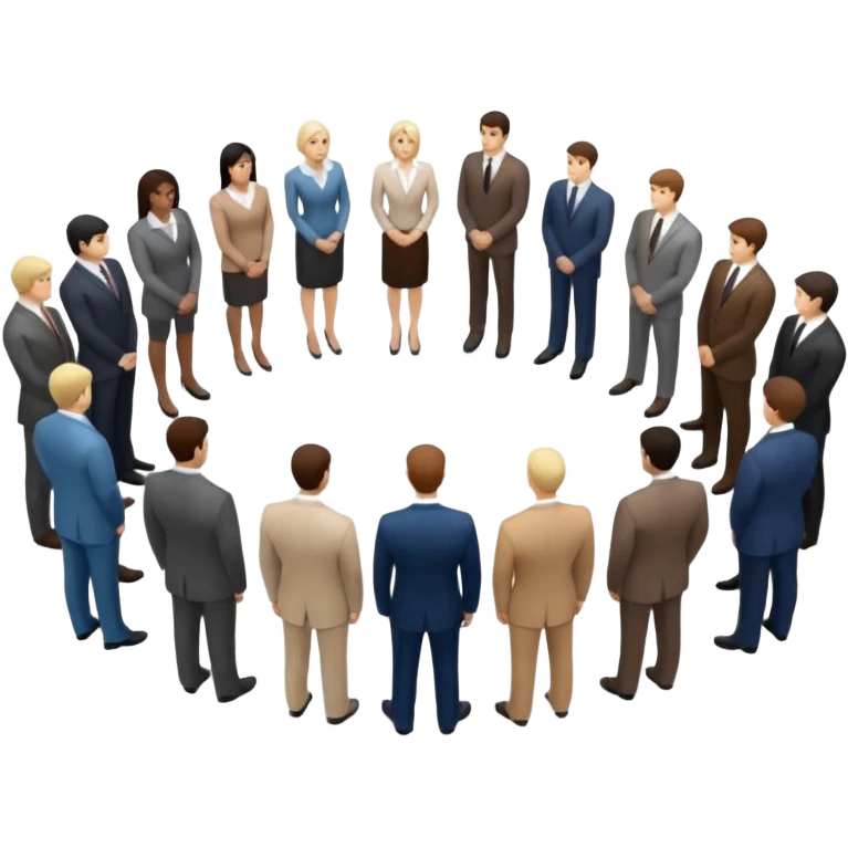 Три бизнесмена в дорогих классических костюмах стоят в замкнутом круге, вид сверху под небольшим углом. У каждого в руках чёрный кожаный чемодан, наполненный наличными деньгами.  emoji