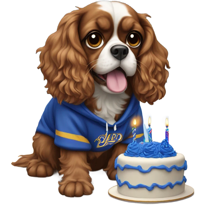 Cavalier wearing an Everton hoodie with a birthday cake emoji