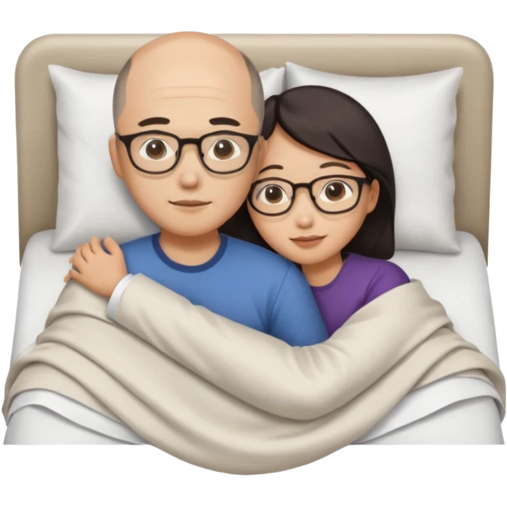 slightly balding asian man wearing glasses and asian woman naked in bed hugging emoji