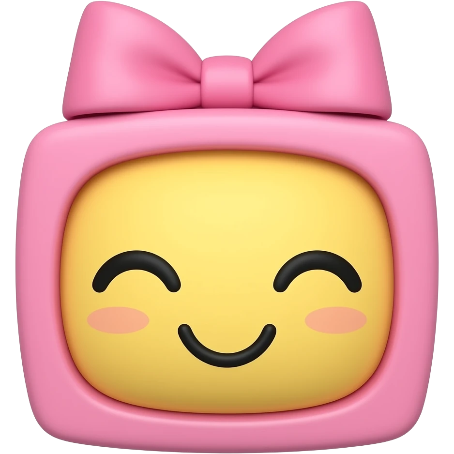Eu quero uma carinha fofa sorrindo sem boca com olho fechado boxexinha rosada e um lacinho super fofo rosa na cabeça dele e a pele dele amarela emoji