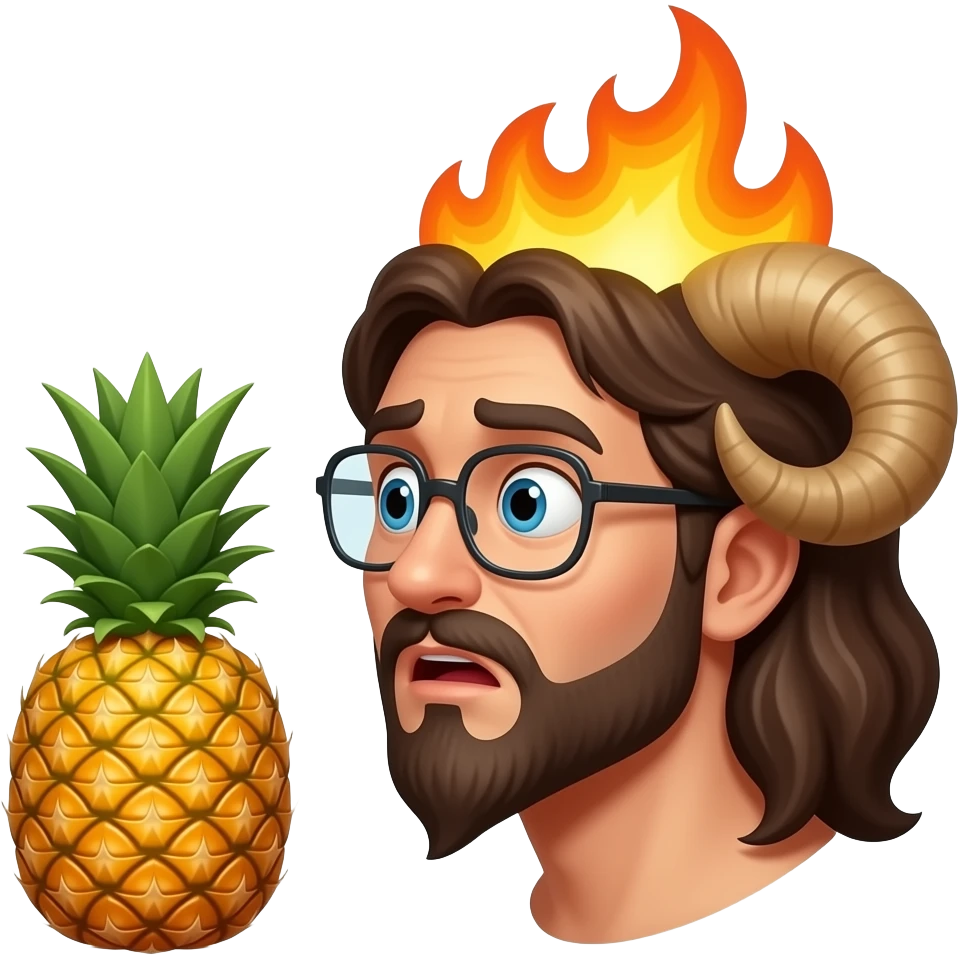 A ram with  LONG hair and a mustache and glasses  really shocked at a pineapple make the ram's head go on fire, make the pineapple glow and make it side view(only the head of the ram) emoji