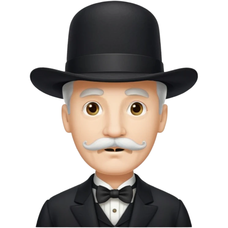 very big white moustachhe and typical 1900 black elegant clothes and hat . he is speaking emoji