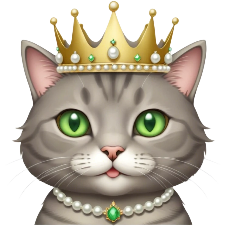A cutesy fluffy, cool grey tabby cat with green eyes, white tummy, a simple pearl necklace and crown emoji