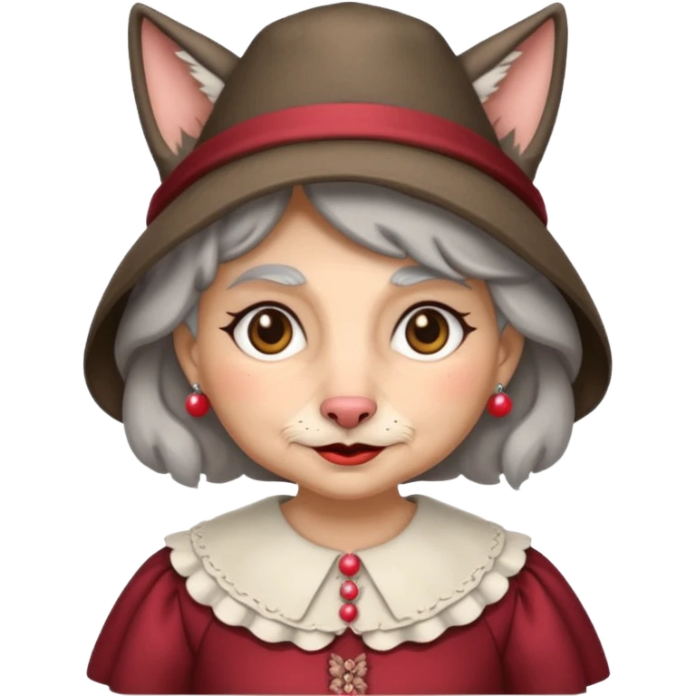 The big bad wolf is wearing Grandma's clothes and a hat, yet its face still looks like a wolf's. emoji