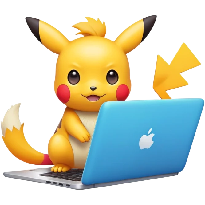 cute Pokémon character editing video on a laptop, playful expression emoji