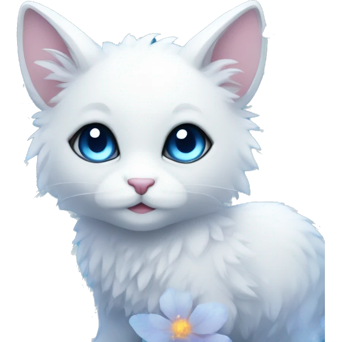 Edgy Cute Cool Kawaii gorgeous sparkly ethereal white fantasy animal with blue eyes sona with flowers and butterflies emoji