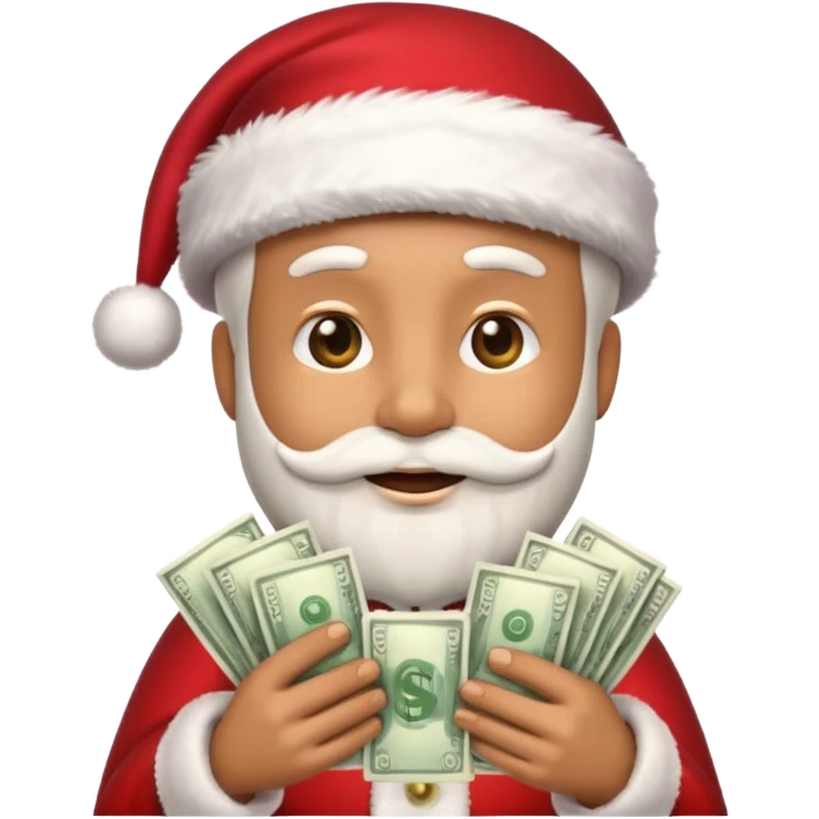 A confident rich emoji face wearing a Santa hat, money stacks, casino vibe, New Year theme, premium 3D emoji style, sharp details, no text, isolated on transparent background emoji