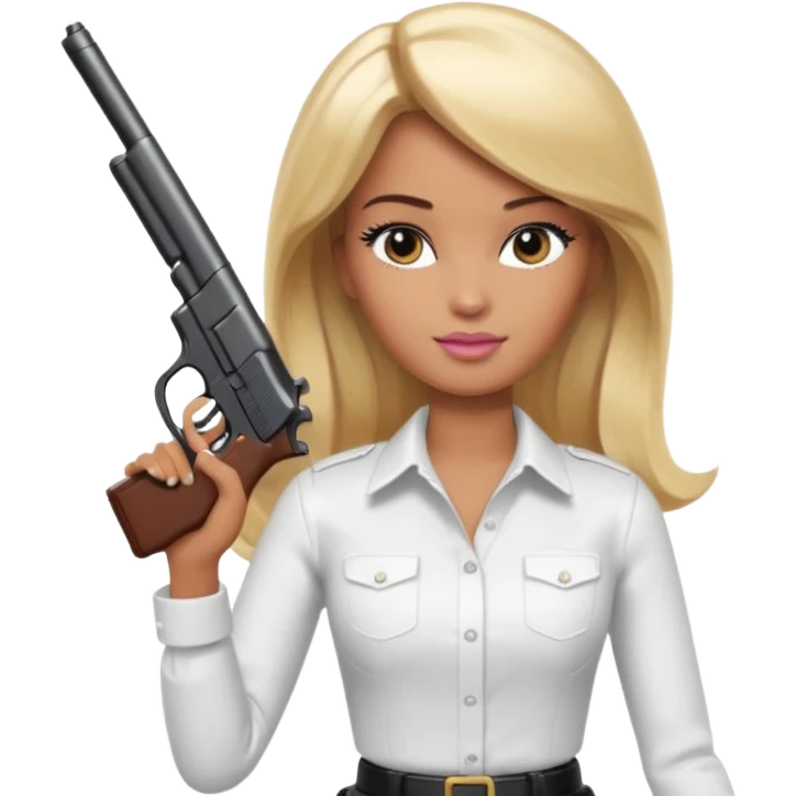 Brown skin blonde hair barbie wearing white shirt holding a black gun emoji