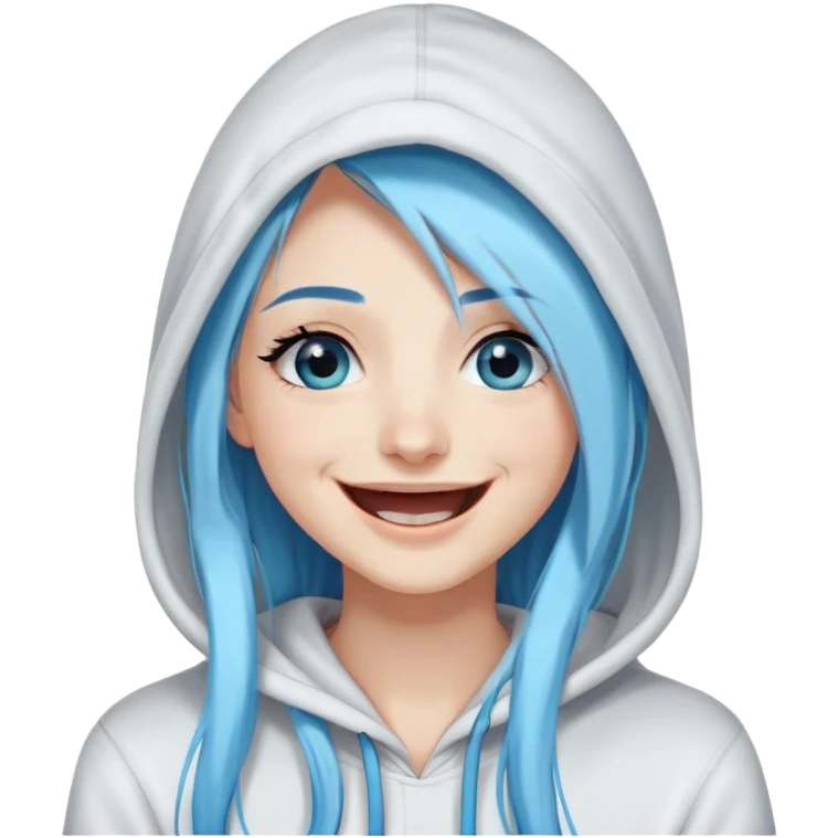 Laughing-long-straight-sky-blue-hair-blue-eyes-black eyeliner-really-think-long-eye-lashes-white-hooded-sweatshirt emoji