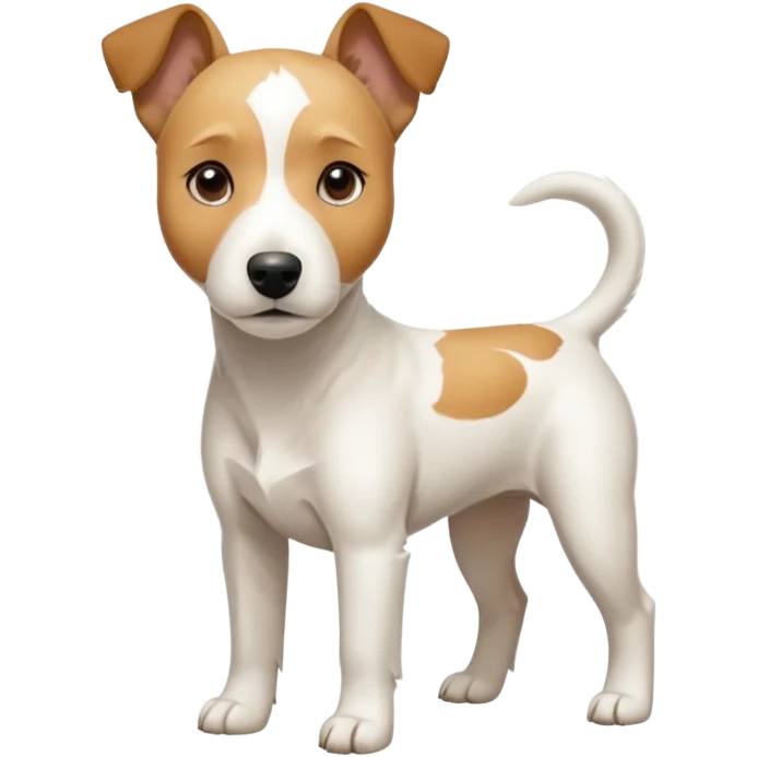 a full body facing front on of a buff white parson russell terrier looking dog the size of a kelpie with light brown long ears resting on its face and a light brown patch on one eye and a large snout. the rest of the dog is completely white.  emoji