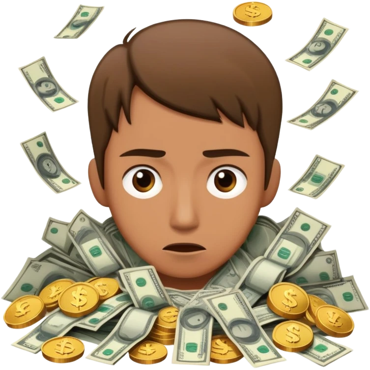 surrounded by coins and bills, looking confused emoji