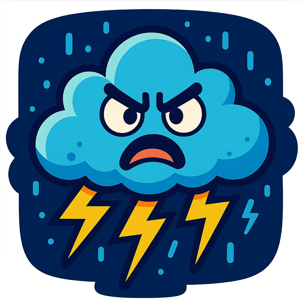 small angry thunderstorm cloud, cartoon style, expressive face, lightning bolts, dark sky, bright colors emoji