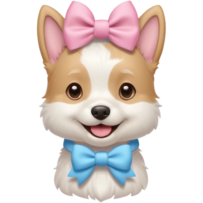 a cute white dog wearing a pink blue pastel bow on his head while he smiles excitedly emoji