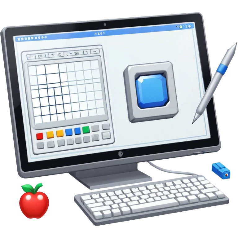 Emoji for Game Design: computer screen with Professional game development interface, 3D models, pixel art and design tools like grid, wireframe, and stylus. Symbolizes the technical and creative process of game development. Transparent background. emoji