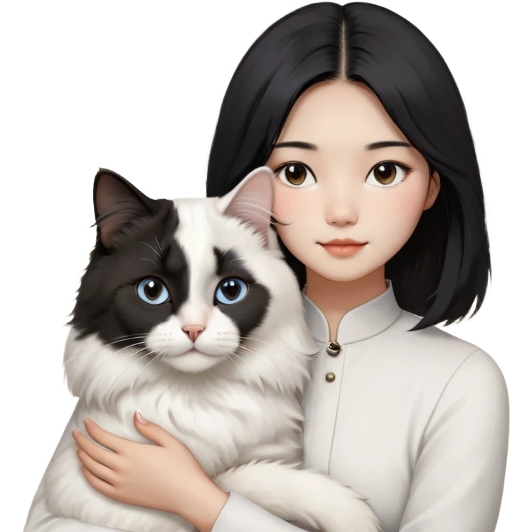 A young Chinese woman with shoulder-length black hair, styled in a sleek center-parted (4/6) cut, gently holding her fluffy white Ragdoll cat. The cat has a small black birthmark on the right side of its nose. The woman has a calm and loving expression as she embraces her pet. The background is soft and warm, creating a cozy and affectionate atmosphere. The image is detailed and realistic, highlighting the textures of the woman's hair and the cat's plush fur. emoji