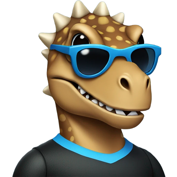 Dinosaur wearing a blue jersey with black shirt and sunglasses emoji