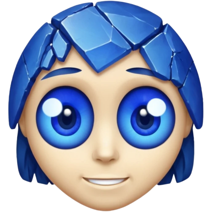 A single sapphire-blue faceted rock head, chunky and worn, with a few visible cracks and chipped facets but still shiny, big kind eyes and a confident smile emoji
