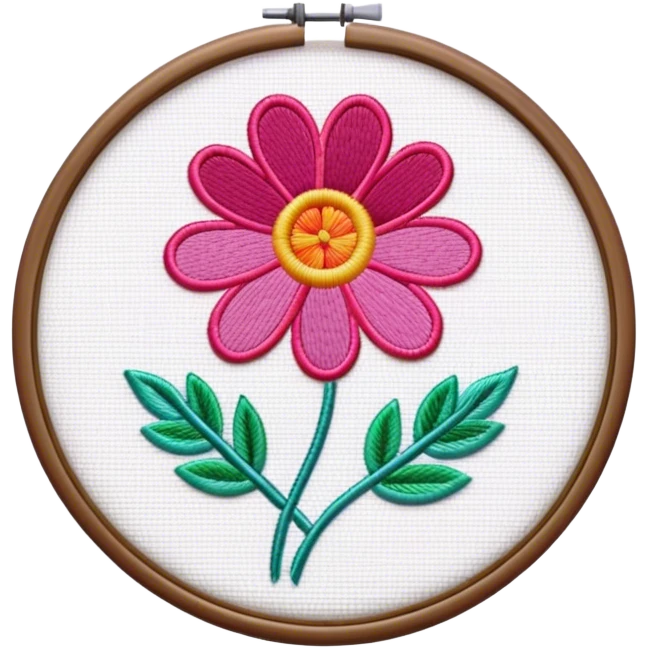 Embroidery icon, needle with thread, embroidered flower pattern, fabric with stitching, vibrant threads, minimalistic style, clean lines, transparent background. emoji