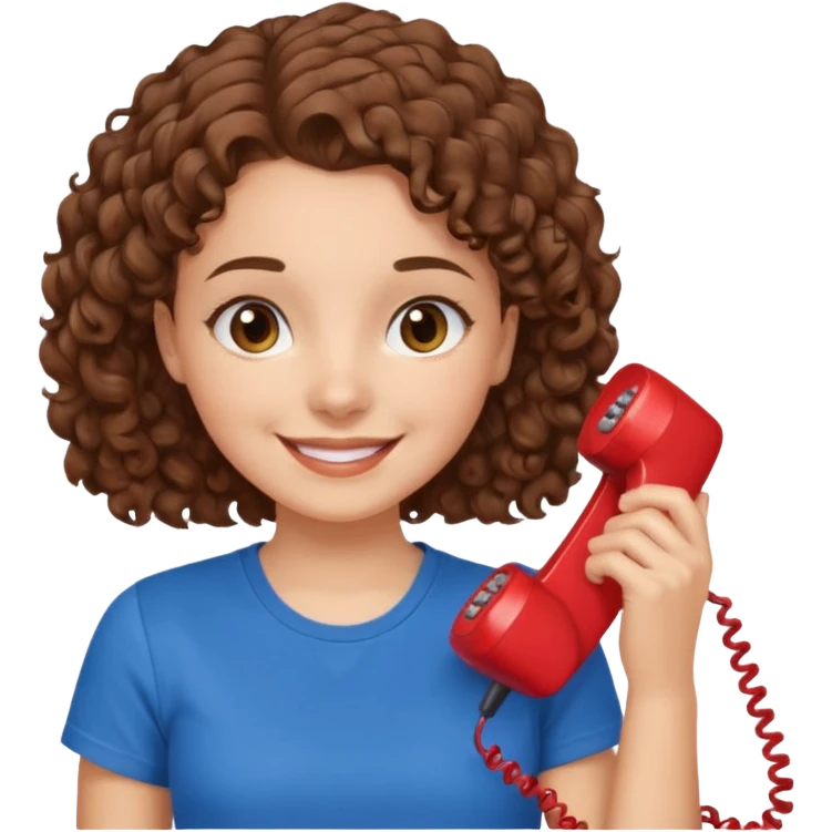 chica con piel blanca sonriendo, ojos marrones y pelo marrón atado con rulos con remera celeste. atendiendo un teléfono rojo emoji