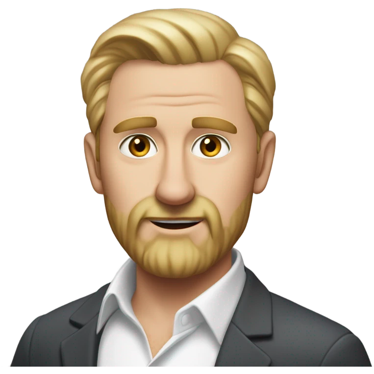 middle aged english man, short slicked back hair blonde, blonde medium length size full beard, eyesbrows not raised, in a smart white unbuttoned shirt. emoji