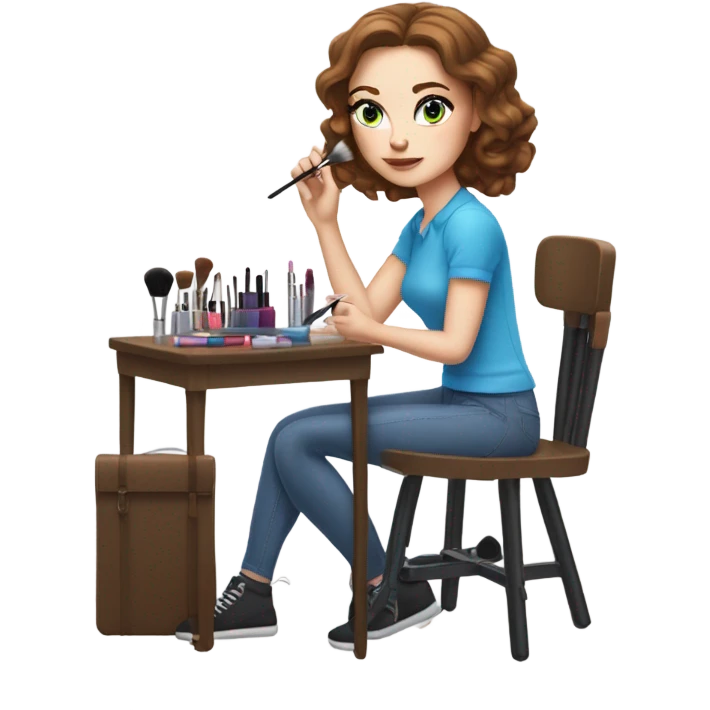 White girl with freakles brunett blue eyes with makeup kit and a chair doing her makeup emoji
